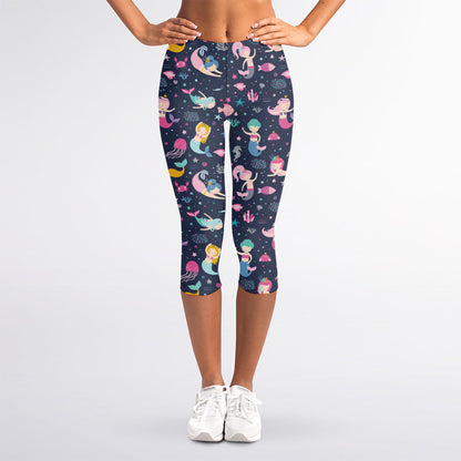 Mermaid Cartoon Pattern Print Women's Capri Leggings