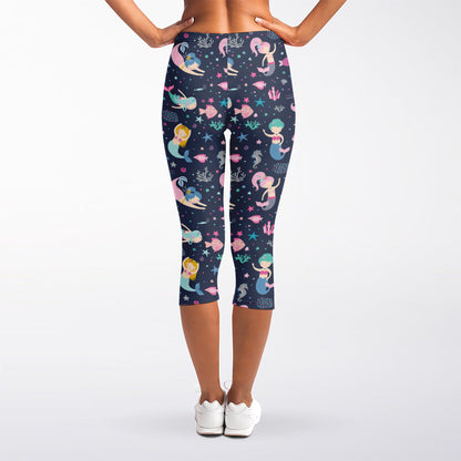 Mermaid Cartoon Pattern Print Women's Capri Leggings