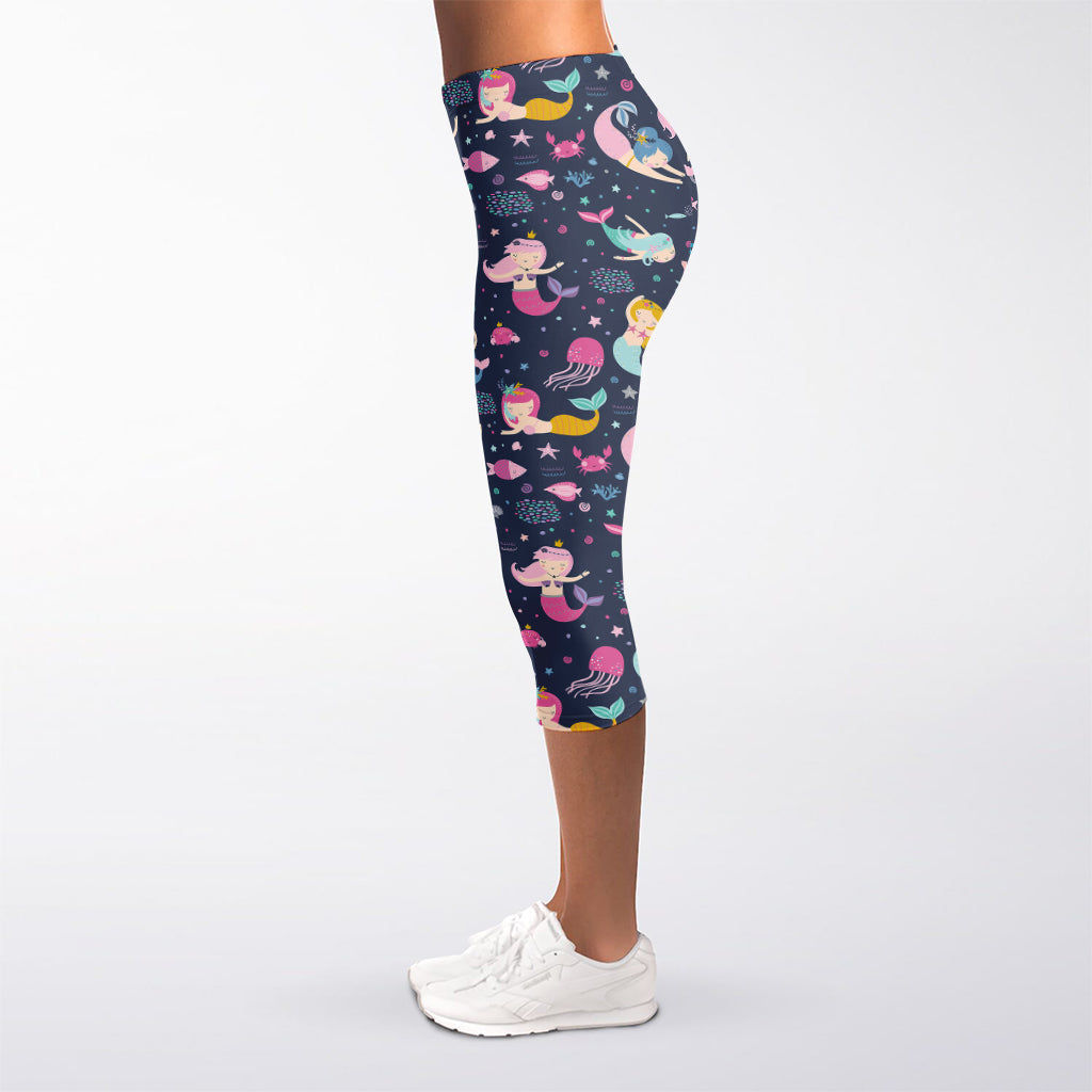 Mermaid Cartoon Pattern Print Women's Capri Leggings