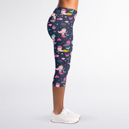 Mermaid Cartoon Pattern Print Women's Capri Leggings