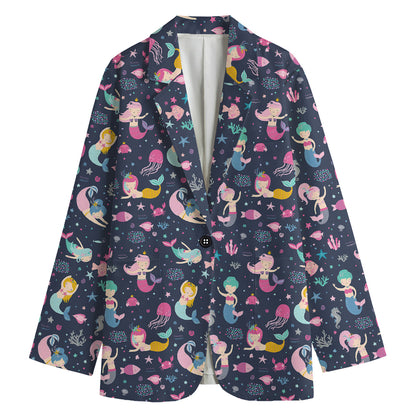Mermaid Cartoon Pattern Print Women's Cotton Blazer