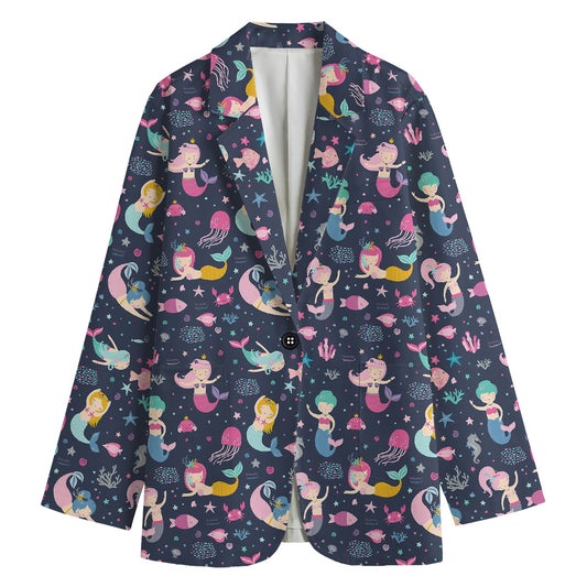 Mermaid Cartoon Pattern Print Women's Cotton Blazer