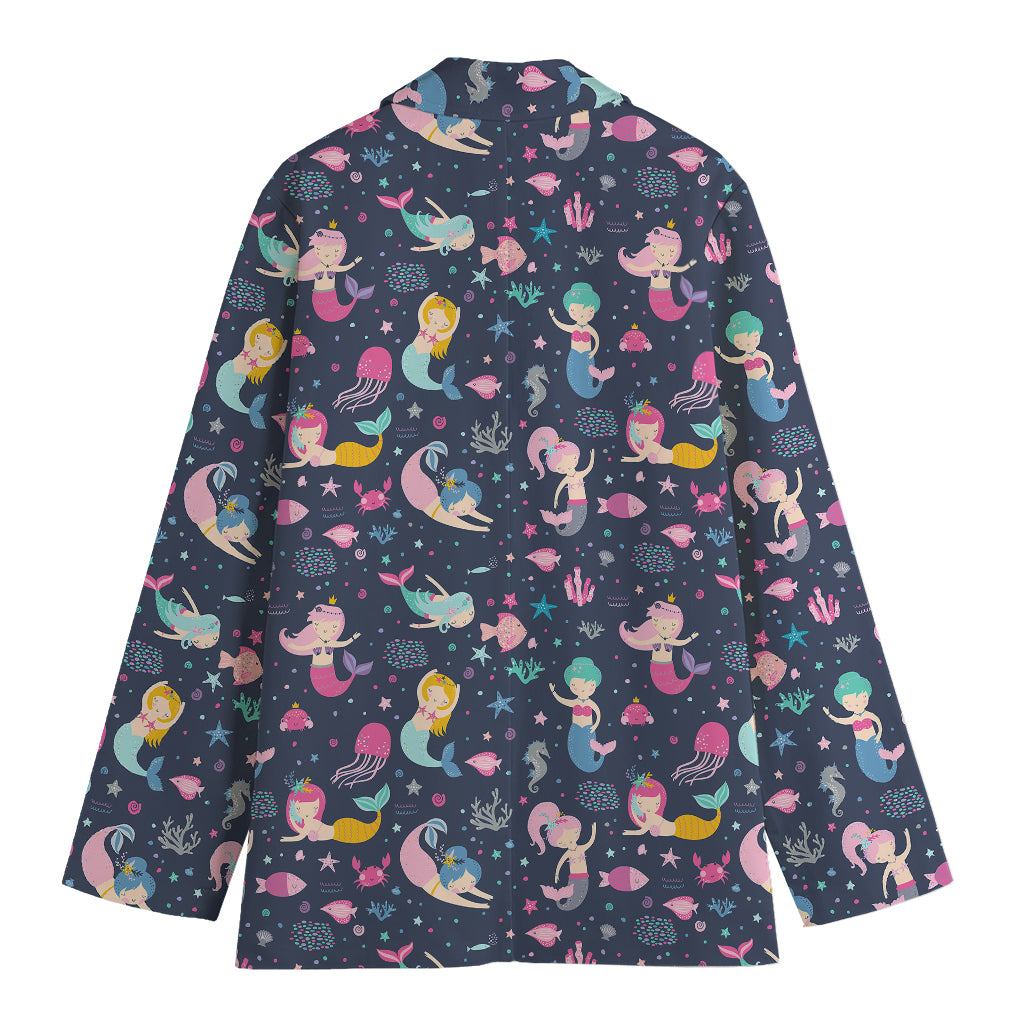 Mermaid Cartoon Pattern Print Women's Cotton Blazer