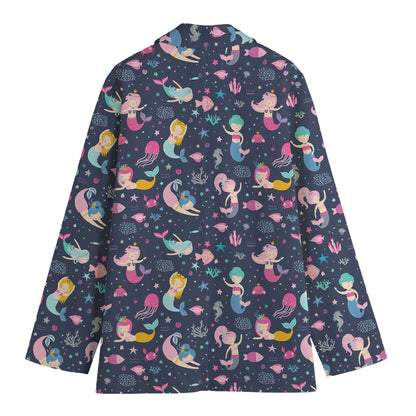 Mermaid Cartoon Pattern Print Women's Cotton Blazer