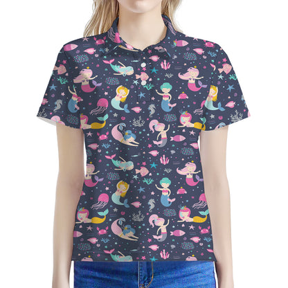 Mermaid Cartoon Pattern Print Women's Polo Shirt