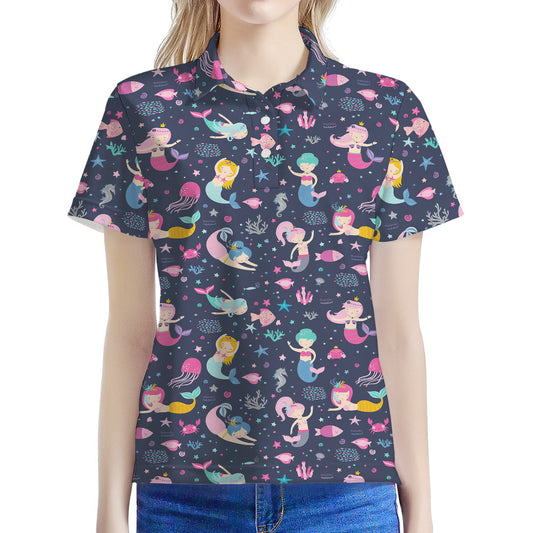 Mermaid Cartoon Pattern Print Women's Polo Shirt