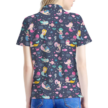 Mermaid Cartoon Pattern Print Women's Polo Shirt