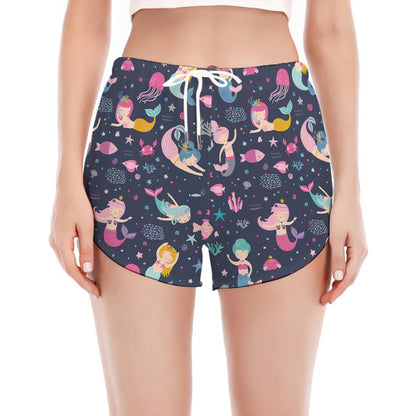 Mermaid Cartoon Pattern Print Women's Split Running Shorts
