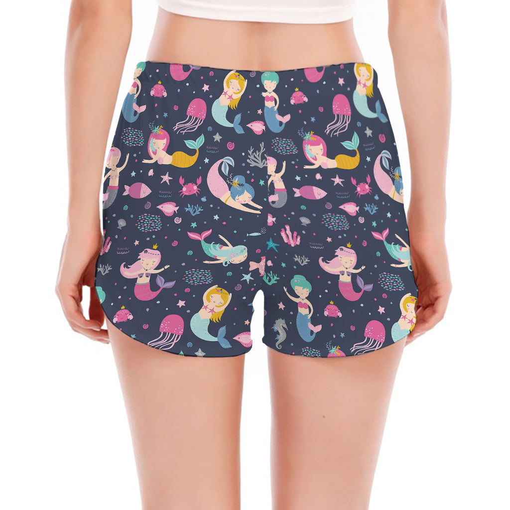 Mermaid Cartoon Pattern Print Women's Split Running Shorts