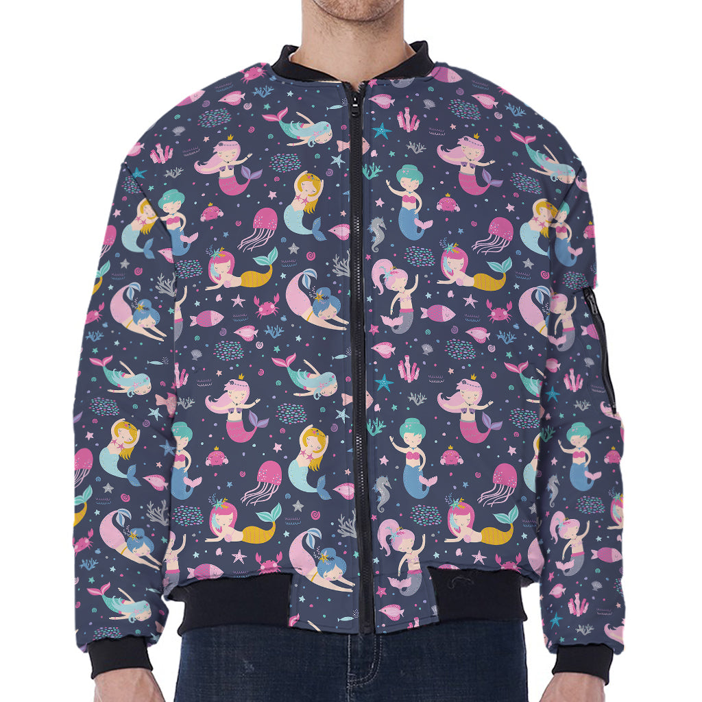 Mermaid Cartoon Pattern Print Zip Sleeve Bomber Jacket