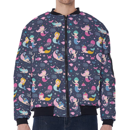 Mermaid Cartoon Pattern Print Zip Sleeve Bomber Jacket