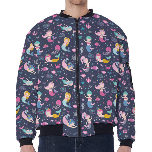 Mermaid Cartoon Pattern Print Zip Sleeve Bomber Jacket