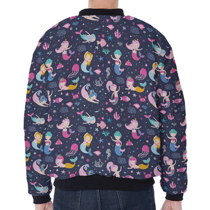 Mermaid Cartoon Pattern Print Zip Sleeve Bomber Jacket