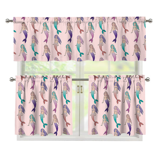 Mermaid Girls Pattern Print 3 Piece Kitchen Curtains