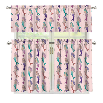 Mermaid Girls Pattern Print 3 Piece Kitchen Curtains