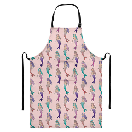 Mermaid Girls Pattern Print Bib Apron With Pocket