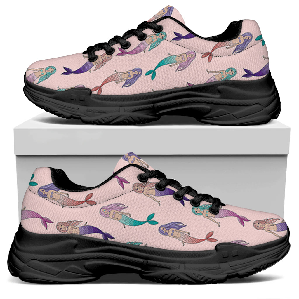 Mermaid Girls Pattern Print Black Chunky Shoes
