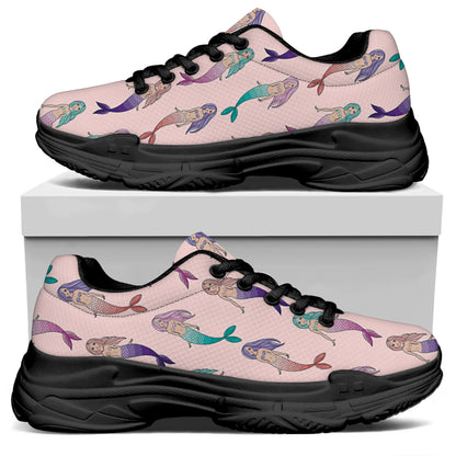 Mermaid Girls Pattern Print Black Chunky Shoes