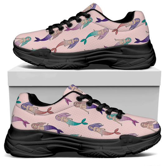 Mermaid Girls Pattern Print Black Chunky Shoes