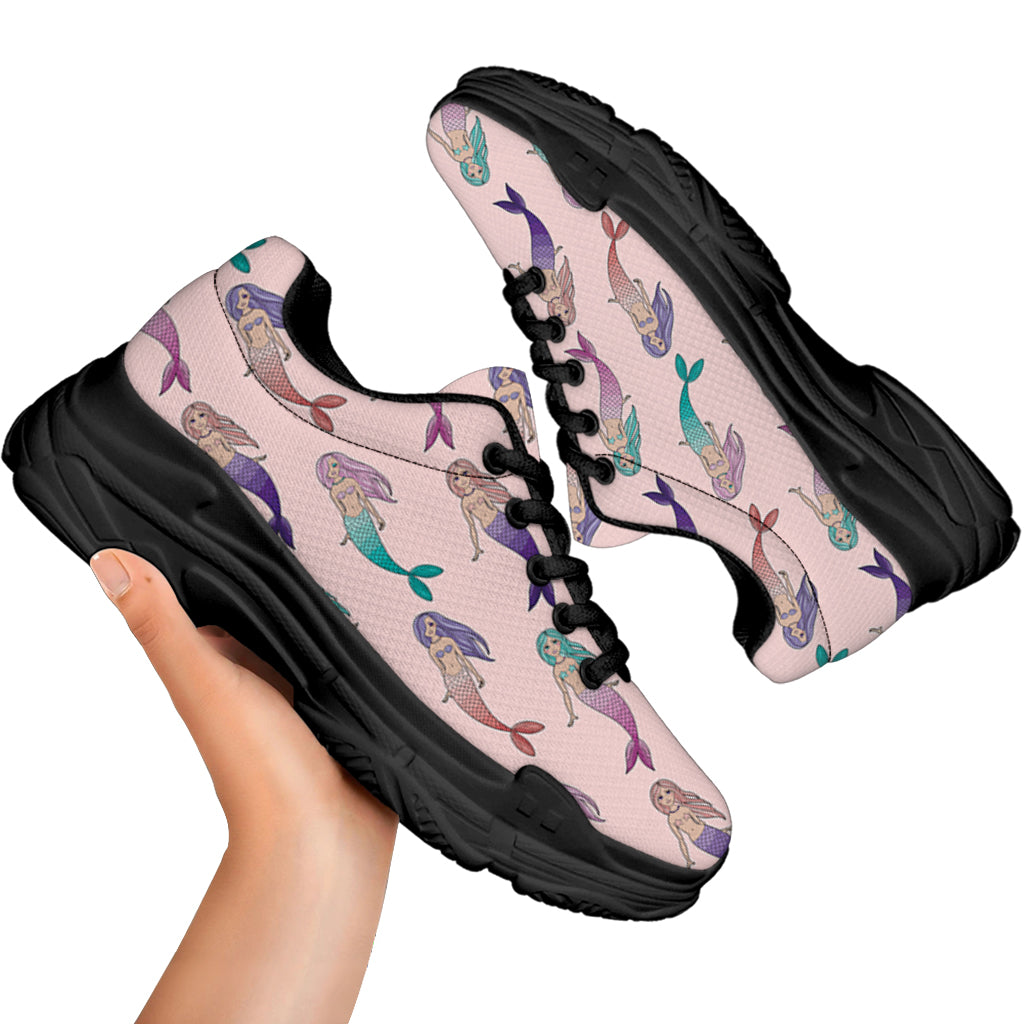Mermaid Girls Pattern Print Black Chunky Shoes