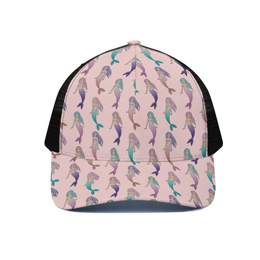 Mermaid Girls Pattern Print Black Mesh Trucker Cap