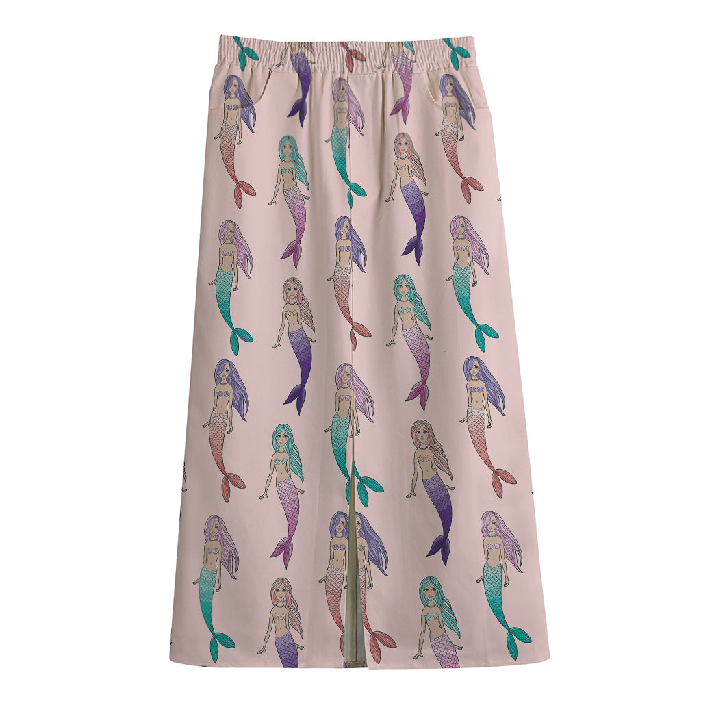 Mermaid Girls Pattern Print Cotton Front Slit Maxi Skirt