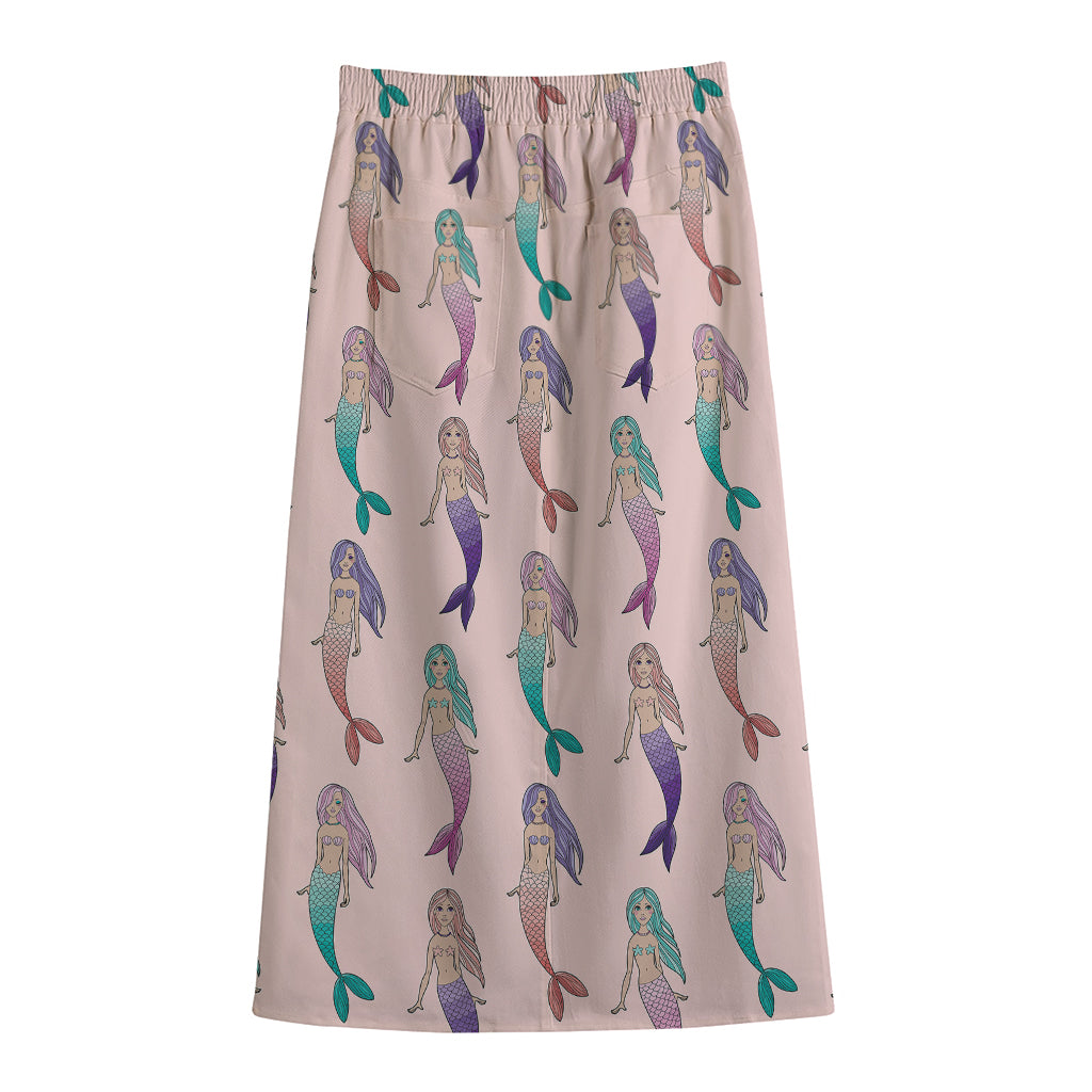 Mermaid Girls Pattern Print Cotton Front Slit Maxi Skirt