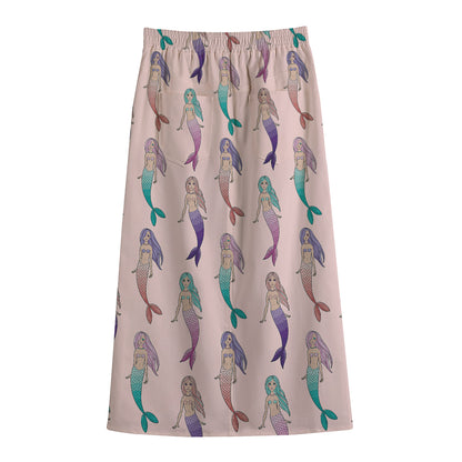 Mermaid Girls Pattern Print Cotton Front Slit Maxi Skirt