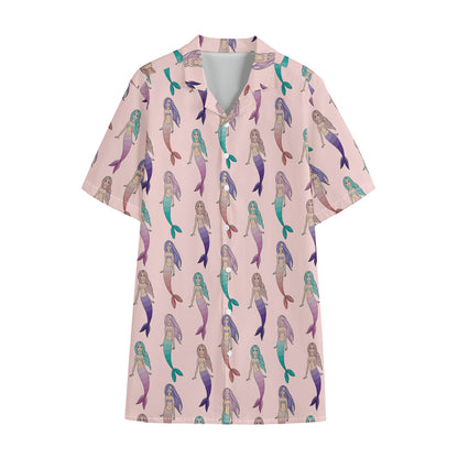 Mermaid Girls Pattern Print Cotton Hawaiian Shirt