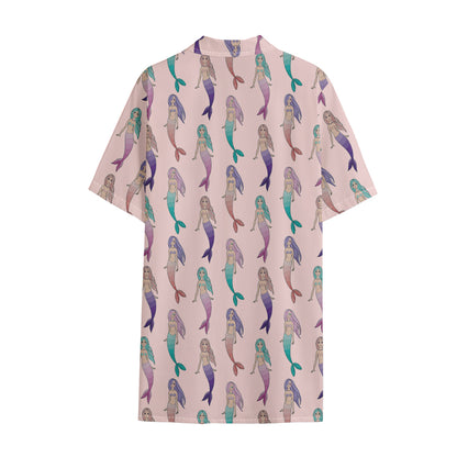 Mermaid Girls Pattern Print Cotton Hawaiian Shirt
