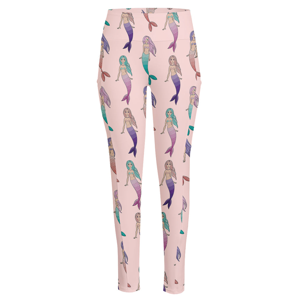 Mermaid Girls Pattern Print High-Waisted Pocket Leggings