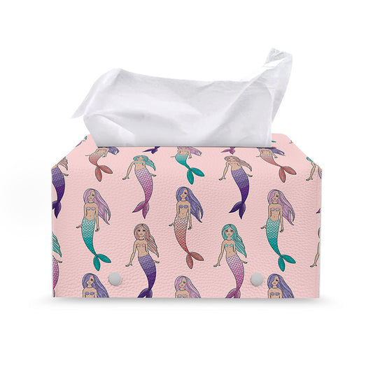 Mermaid Girls Pattern Print Leather Tissue Box Cover