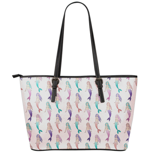 Mermaid Girls Pattern Print Leather Tote Bag