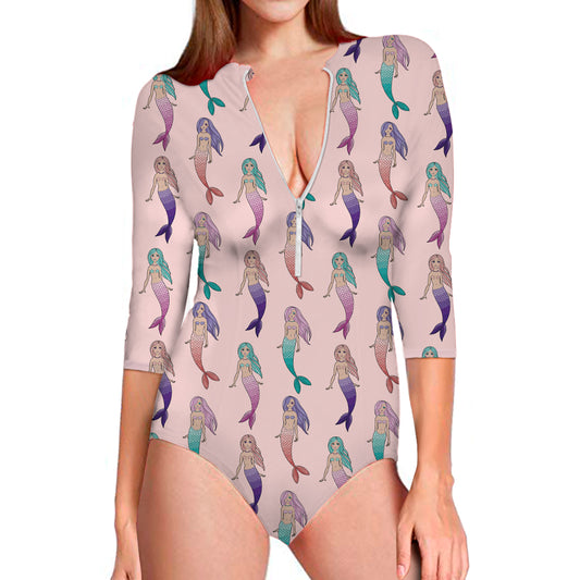 Mermaid Girls Pattern Print Long Sleeve Swimsuit