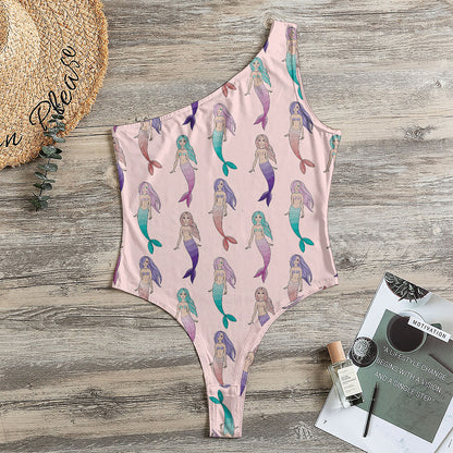 Mermaid Girls Pattern Print One Shoulder Bodysuit