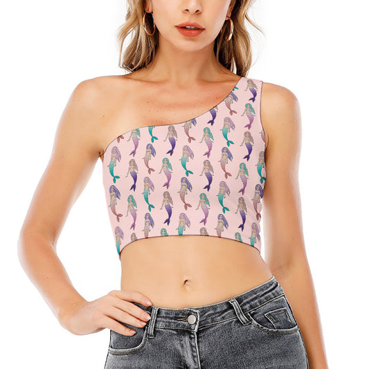 Mermaid Girls Pattern Print One Shoulder Crop Top