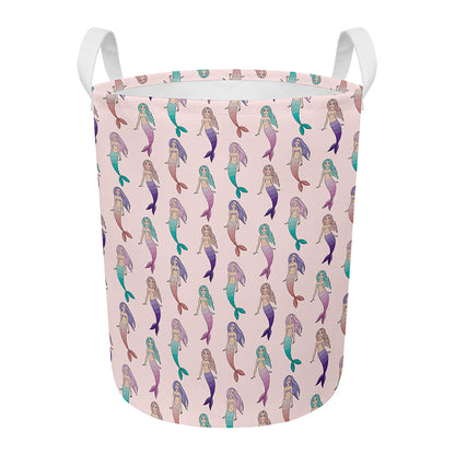 Mermaid Girls Pattern Print Round Laundry Basket