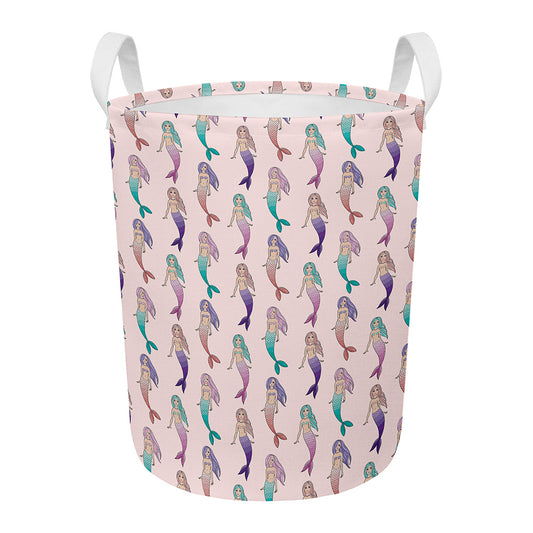 Mermaid Girls Pattern Print Round Laundry Basket