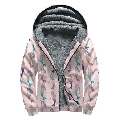Mermaid Girls Pattern Print Sherpa Lined Zip Up Hoodie