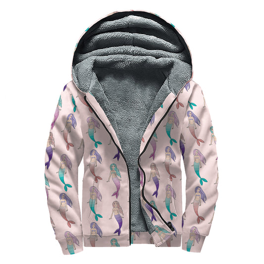 Mermaid Girls Pattern Print Sherpa Lined Zip Up Hoodie