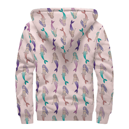 Mermaid Girls Pattern Print Sherpa Lined Zip Up Hoodie