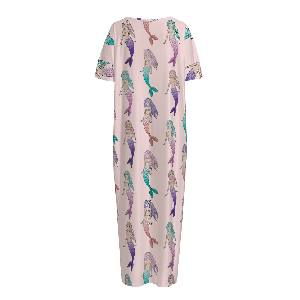 Mermaid Girls Pattern Print Short Sleeve Long Nightdress