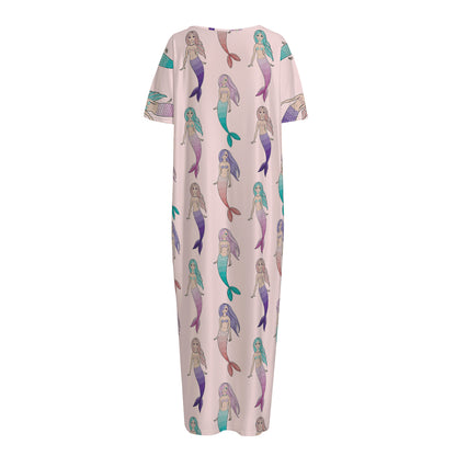 Mermaid Girls Pattern Print Short Sleeve Long Nightdress