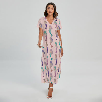 Mermaid Girls Pattern Print Short Sleeve Maxi Dress