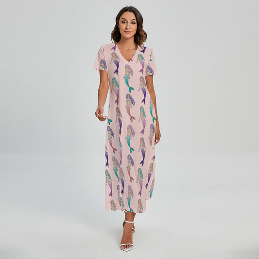 Mermaid Girls Pattern Print Short Sleeve Maxi Dress