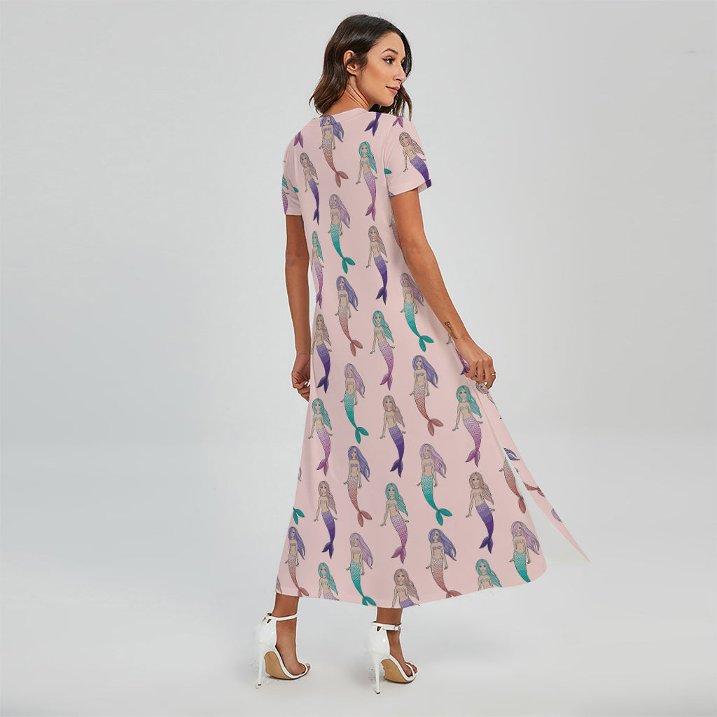Mermaid Girls Pattern Print Short Sleeve Maxi Dress