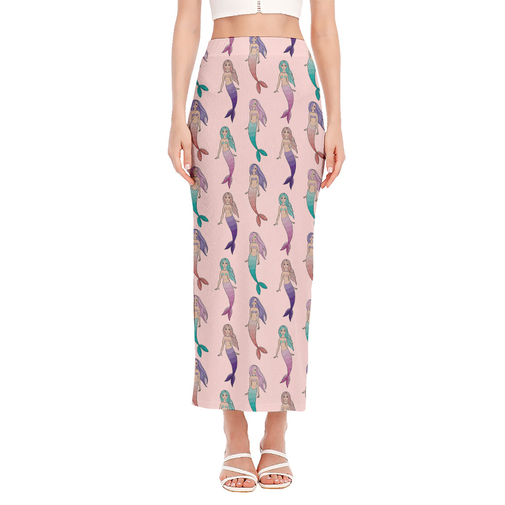 Mermaid Girls Pattern Print Side Slit Maxi Skirt