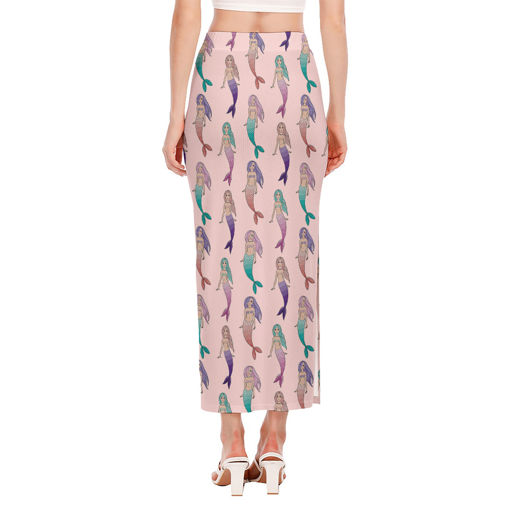 Mermaid Girls Pattern Print Side Slit Maxi Skirt
