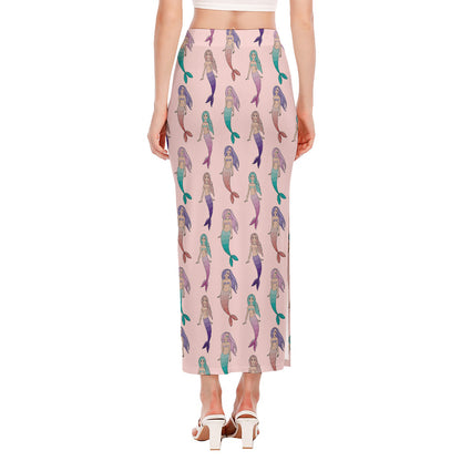 Mermaid Girls Pattern Print Side Slit Maxi Skirt