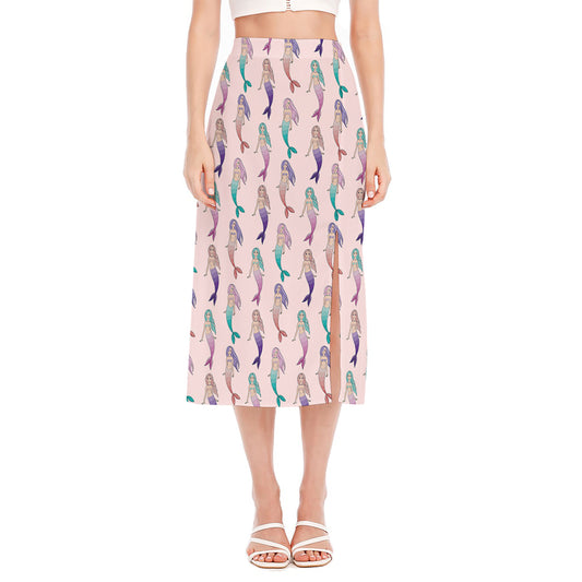 Mermaid Girls Pattern Print Side Slit Midi Skirt